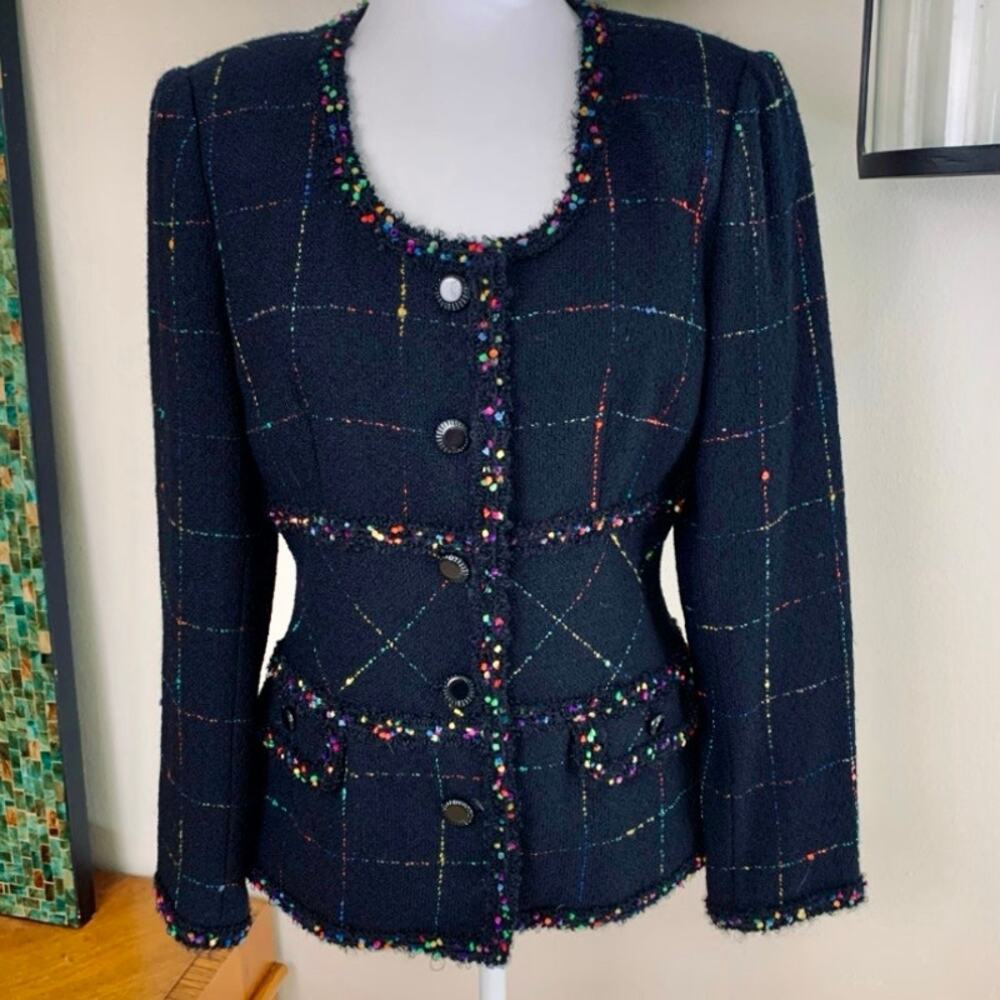 Vintage Rickie Freeman Size 8 Wool Tweed Blazer Jacket Black Colorful Fringe - Picture 3 of 13